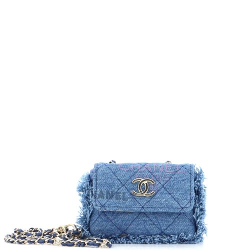 Denim Mood Flap Belt Bag Logo Printed Quilted Fringe Denim Micro