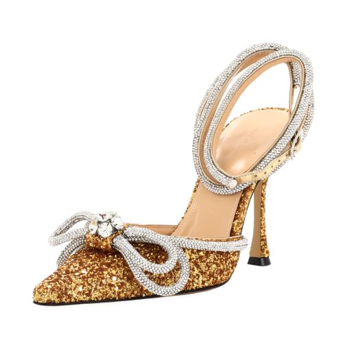 Women's Double Bow Ankle Strap Pumps Glitter 100