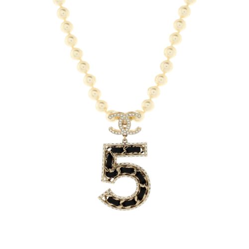 CC No.5 Woven Chain Pearl Strand Pendant Necklace Faux Pearls with Metal, Leather and Crystals