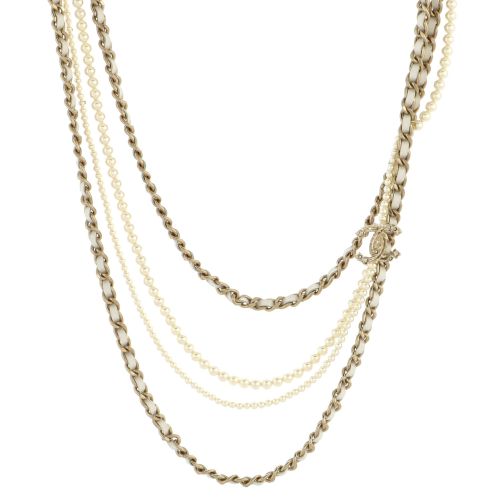 CC Multistrand Necklace Metal with Faux Pearls, Crystals and Leather