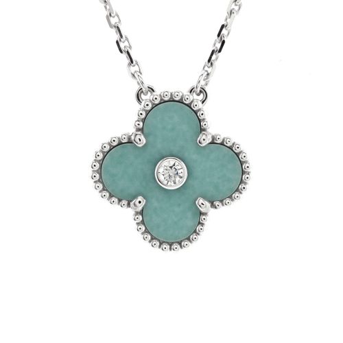 Vintage Alhambra Pendant Necklace 18K White Gold and Green Celadon Sevres Porcelain with Diamond