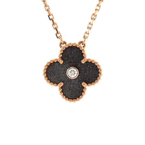 Vintage Alhambra Pendant Necklace 18K Rose Gold and Silver Obsidian with Diamond