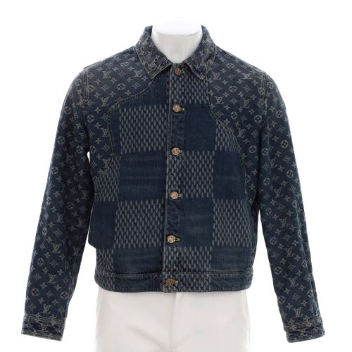 Men's Nigo Button Up Jacket Giant Damier Waves Monogram Denim