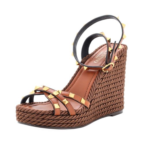 Women's Rockstud Caged Wedge Sandals Leather with Rope Detail