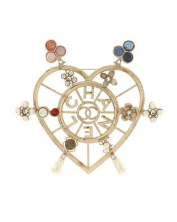 CC Logo Ship Wheel Heart Brooch Metal with Crystals, Faux Pearls and Resin