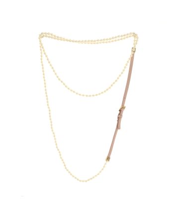 CC Belted Strand Necklace Faux Pearls with Leather and Metal Thin