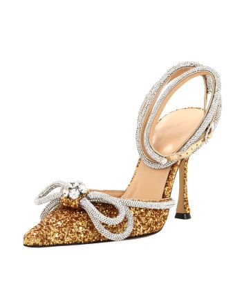 Women's Double Bow Ankle Strap Pumps Glitter 100