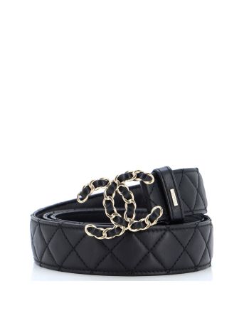 Woven Chain CC Buckle Belt Quilted Leather Wide