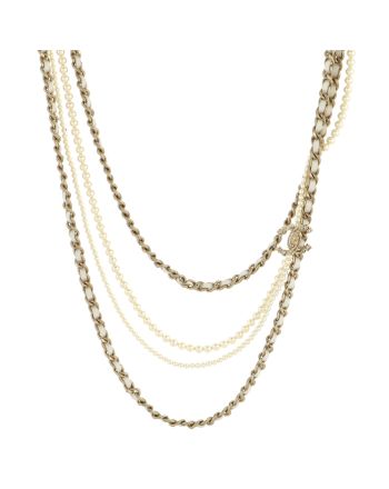 CC Multistrand Necklace Metal with Faux Pearls, Crystals and Leather